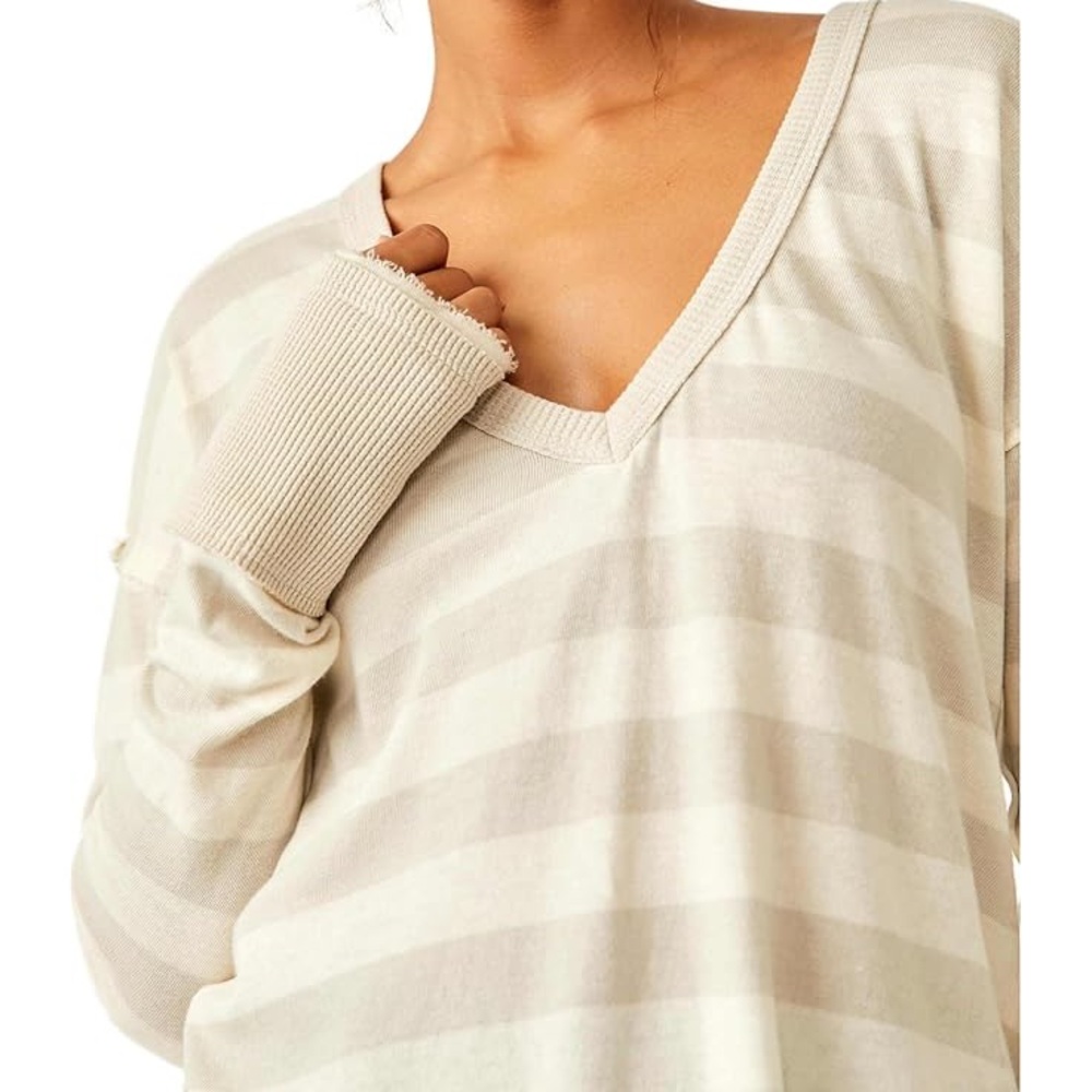 Free People Sail Away Long sleeve striped t-shirt cream grey v-neck NWT size XS